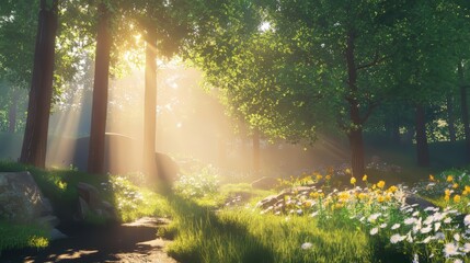 Morning light gently filtering through a peaceful forest