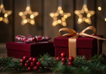 Festive Christmas gift box with golden ribbon and decorations on a rustic wooden background with glowing star lights, creating a warm holiday ambiance.