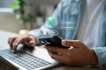 Person using smartphone with facial recognition and virtual password interface, Representing biometric authentication, Secure login, and digital identity protection in modern data security systems.