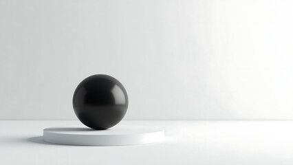 solitary black sphere rests serenely atop pristine white platform bathed soft natural light accentuates shape surrounding