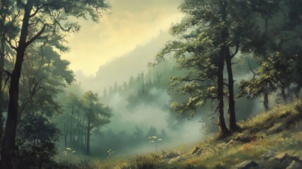 Obraz premium Morning mist in a mountain forest