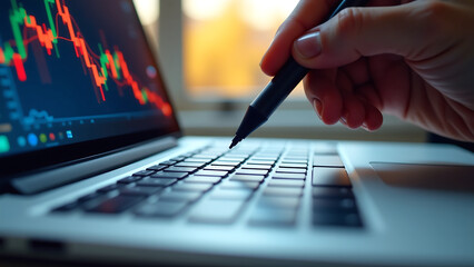 stylus hovers laptop keyboard casting subtle shadow data visualization patterns dance across glass surface illuminated