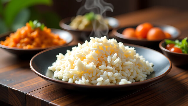 steaming plate fragrant rice sits atop richly darkened wooden table surrounded vibrant side dishes warm golden hues illuminated