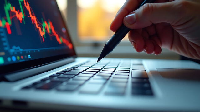 stylus hovers laptop keyboard casting subtle shadow data visualization patterns dance across glass surface illuminated