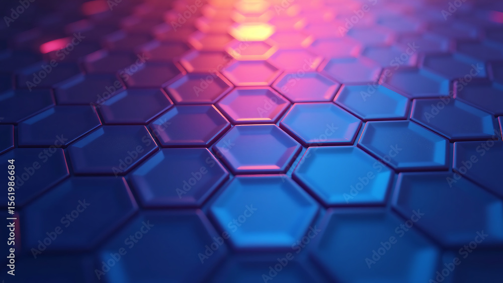 Poster vibrant abstract hexagon grid pattern fills gradient background deep blues purples radiating central