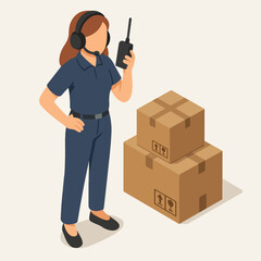 Isometric Woman Dispatcher Talking on Radio near Boxes Illustration. white background