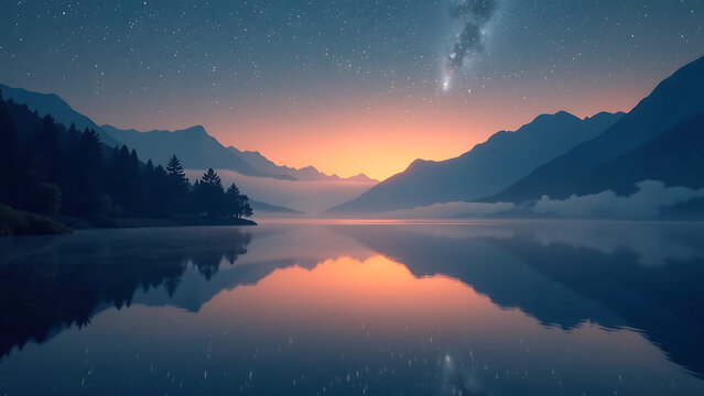 tranquil lake dusk reflects sky misty mountains bathed warm golden light amidst serene silence night