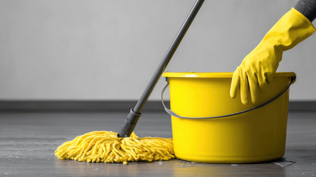 Hand wringing mop into built-in spin bucket - Powered by Adobe