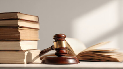 Minimalist courtroom scene with judge's gavel, legal contracts, and academic books