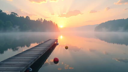 soft morning mist rises serene lake surface reflecting warm hues dawn wooden dock colorful buoys gently bob beneath
