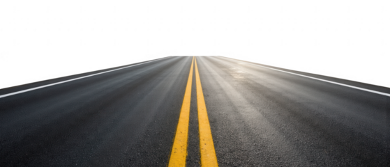 Long, empty road stretches into distance, featuring smooth asphalt surface with two yellow lines dividing lanes. scene evokes sense of freedom