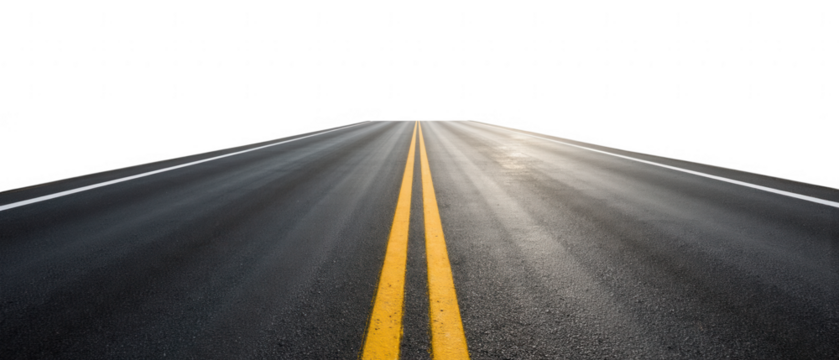Long, empty road stretches into distance, featuring smooth asphalt surface with two yellow lines dividing lanes. scene evokes sense of freedom