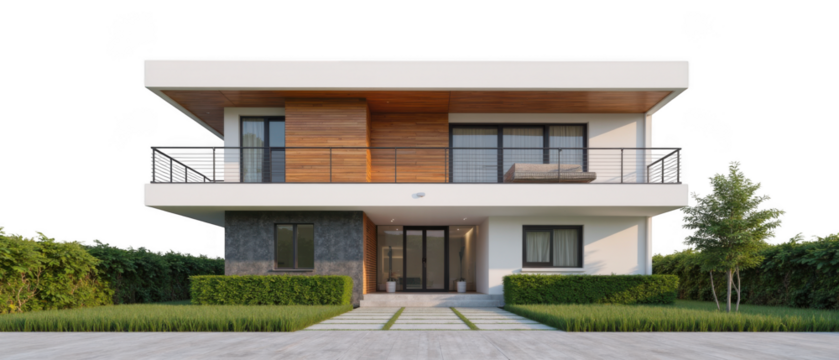 Modern house exterior design with sleek facade, wooden accents, and landscaped garden. structure features large windows and welcoming entrance