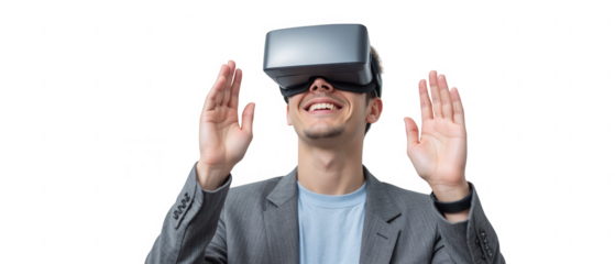 Man wearing virtual reality headset smiles while interacting with digital environment, showcasing excitement and engagement