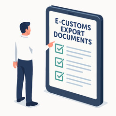 Isometric Flat Illustration Export Document on Tablet with Man Character. white background