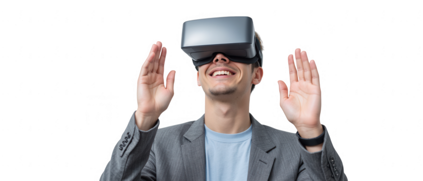 Man wearing virtual reality headset smiles while interacting with digital environment, showcasing excitement and engagement