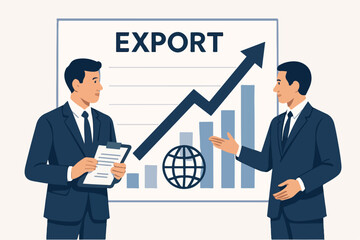 Flat Illustration of Businessmen Handshake with Export Chart, Growth Trend. white background
