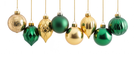 Shiny green and gold Christmas ornaments hanging in row, creating festive and cheerful atmosphere for holiday season