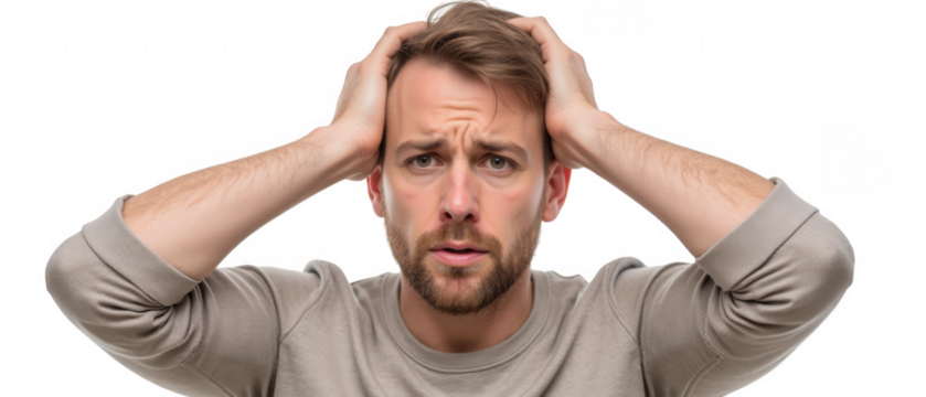Feeling overwhelmed, man expresses frustration with his hands on his head, showcasing relatable moment of stress