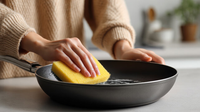 Woman scrubbing non-stick pan with gentle sponge