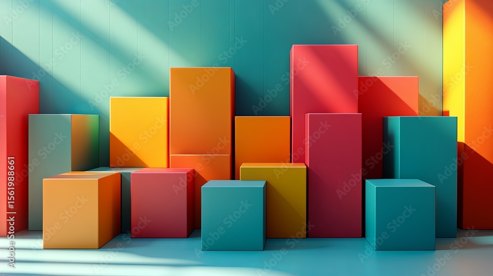 Poster a dynamic 3d render of a colorful arrangement of various sized rectangular blocks, some casting shad