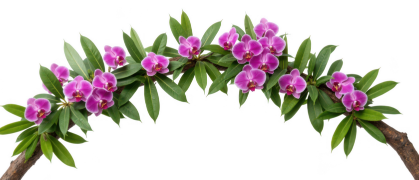Vibrant purple orchids with lush green leaves create stunning floral arch, perfect for decoration and celebration