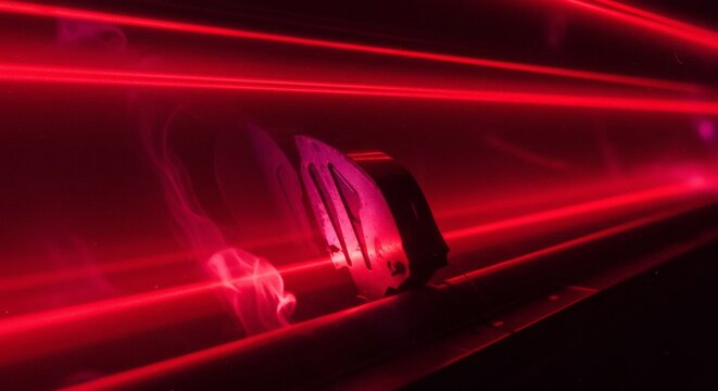 Abstract image of a dark object intersected by multiple bright red laser beams.