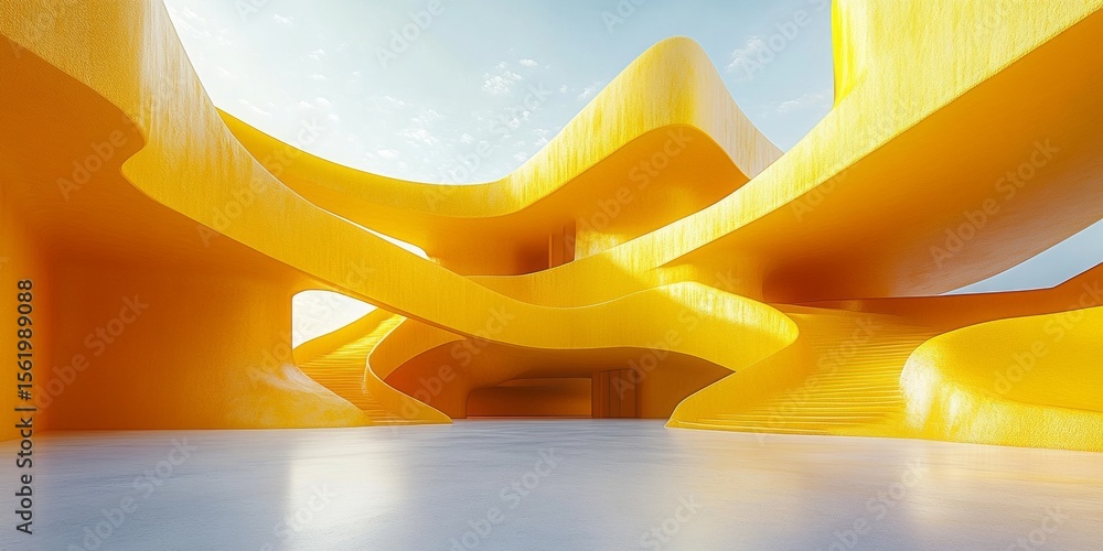 Aufkleber this image shows an 3d abstract yellow architectural structure with flowing curves, suitable for web