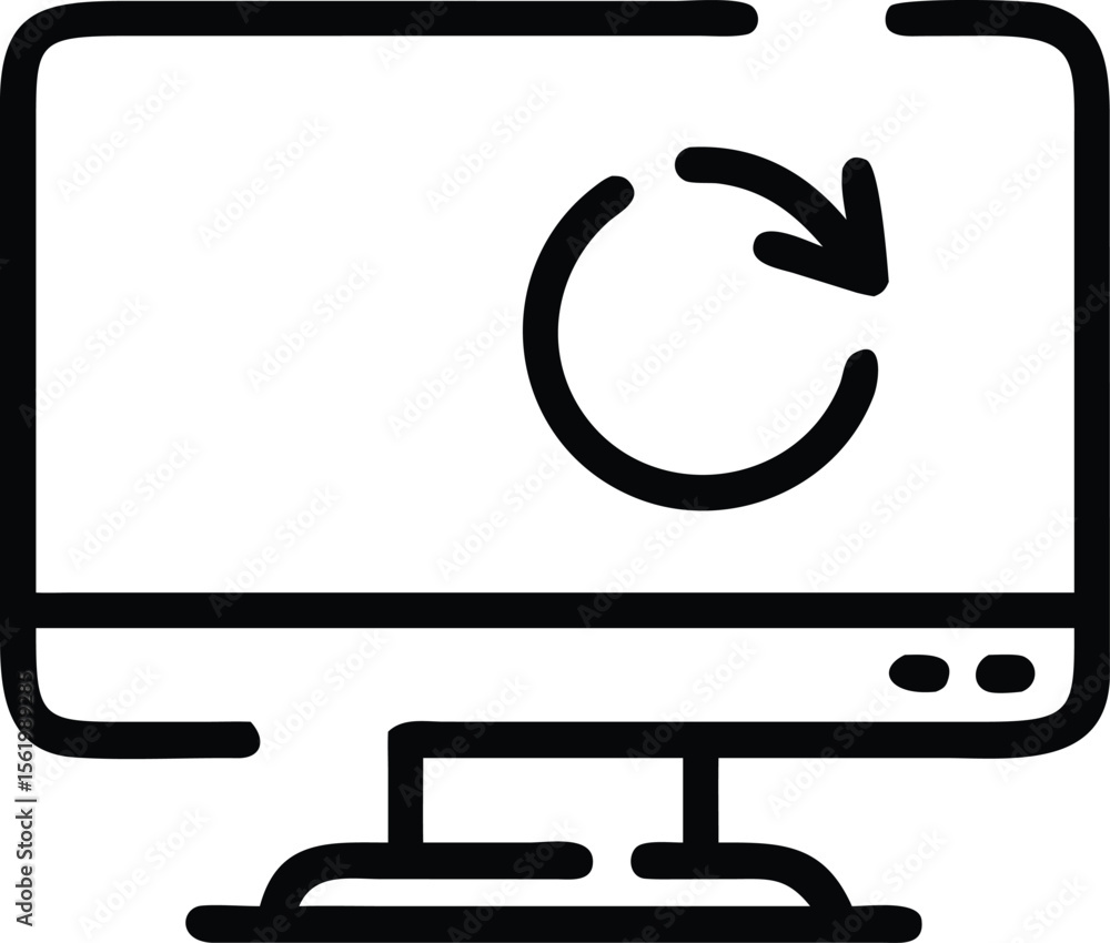 Poster computer monitor with refresh arrow in outline style illustration