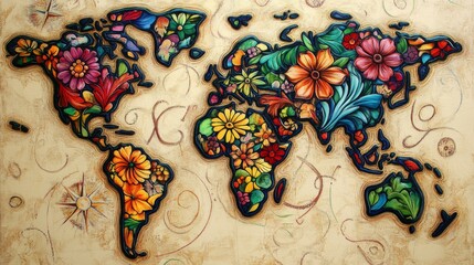 A detailed depiction of a global map adorned with vibrant floral motifs and intricate patterns