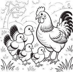 Naklejka premium cute chicken family in firm line art illustration premium quality