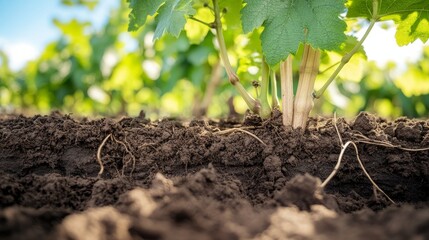 Grapevines' roots emerge from the fertile ground of a vineyard in daylight