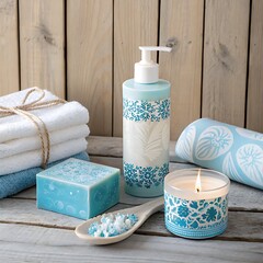 A refined bathroom ensemble featuring blue and white floral-patterned accessories, soft towels, and a calming natural aesthetic &mdash; perfect for modern self-care spaces.