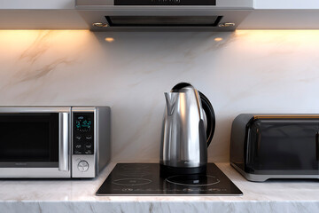 Modern kitchen interior with silver electric kettle on black induction cooktop, microwave oven and black toaster on marble countertop with warm under cabinet lighting
