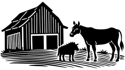 Cows Grazing Near the Barn in the Morning
