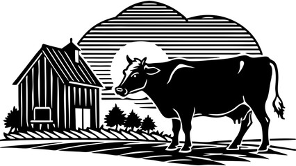 Barn with Horses and Cows Grazing
