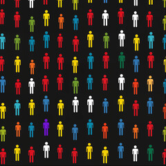 Multicolored human figures on black background representing diversity and unity