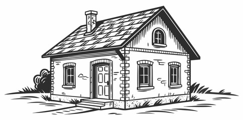 Rustic Country House Sketch | Hand-Drawn Vintage Cottage Illustration