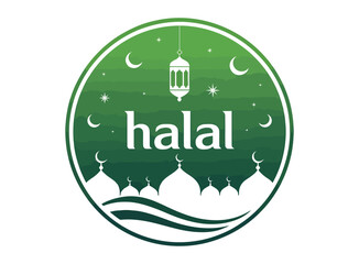 halal certification emblem with mosque silhouette, lantern, crescent moons and stars in green circular design representing islamic approval