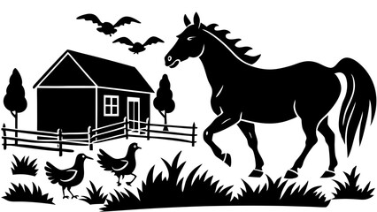 Naklejka premium Horse Trotting by the Barn with Cows Grazing 