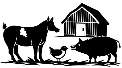 Horse and Cow Near the Barn at Dusk
