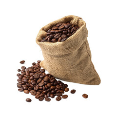 Coffee beans in a burlap sack and bag with a closeup view of roasted brown grains