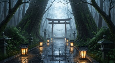 Japanese Torii Gate Path in Forest