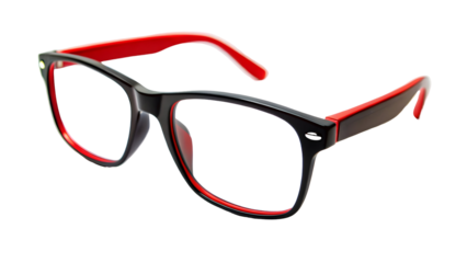 A close up shot of black framed glasses with red accents on a black background in a studio shot