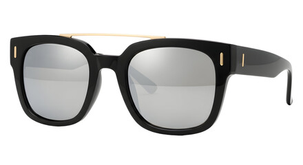 Fototapeta premium Close up of black framed sunglasses with silver mirrored lenses on a black background setting shot