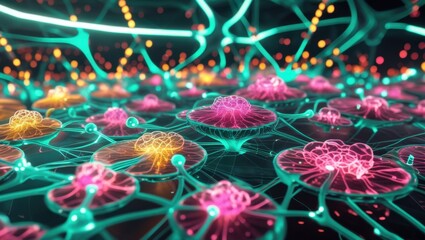Colorful neural network with vibrant pink and teal neuron cells
