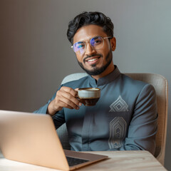 Smiling young entrepreneur in stylish suit using laptop and drinking coffee, ideal for corporate marketing and productivity design projects.
