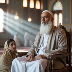 Wise bearded Muslim elder wearing turban in historic mosque setting with respectful young woman, suitable for print design and heritage posters
