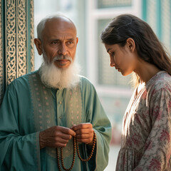 Islamic scholar with traditional beard and woman in prayer clothes inside decorated mosque with Arabic script on wall, perfect for heritage decor and print.