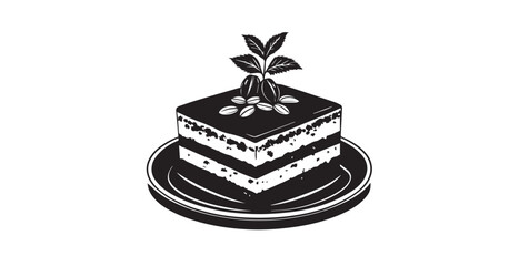 Delicious tiramisu cake slice with coffee beans and mint leaves silhouette